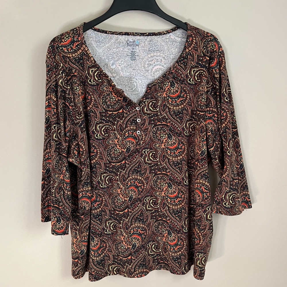 Croft & Barrow Womens 3X Paisley Henley Top 3/4 Sleeve 100% Cotton Navy Boho
